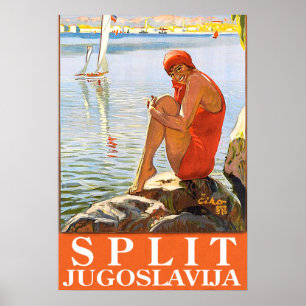 Split, Yugoslavia, girl on the rock by the sea Poster