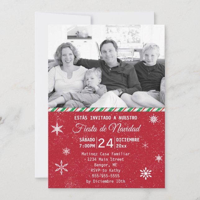 Spnaish Snowflakes Red Photo Christmas Party Invitation (Front)