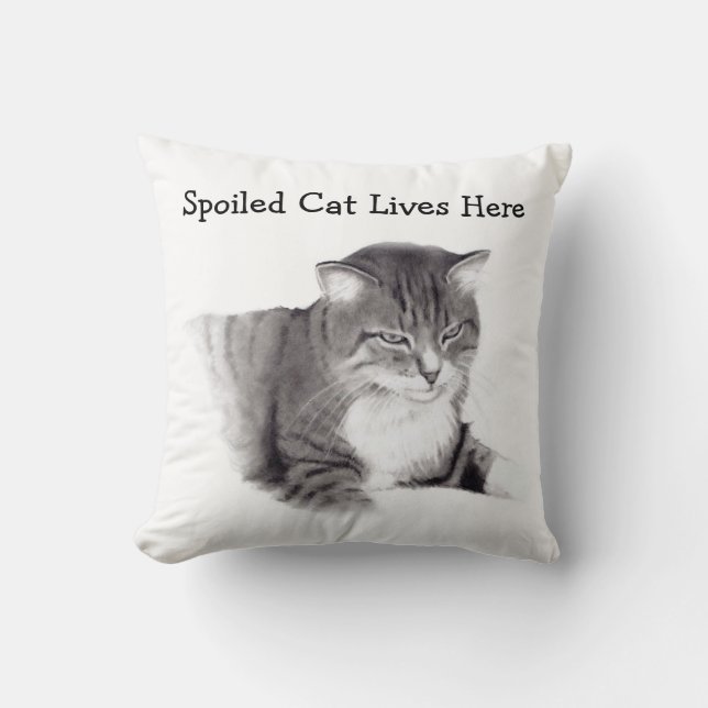 Spoiled Cat Lives Here: Pencil Drawing: Pet Cushion (Front)