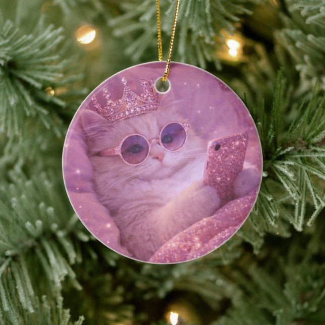 Spoiled Princess Cat Texting in Bed                Ceramic Ornament (Tree)