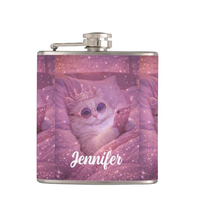 Spoiled Princess Cat Texting in Bed                Hip Flask (Front)