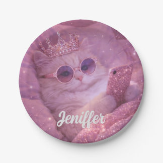 Spoiled Princess Cat Texting in Bed                Paper Plate