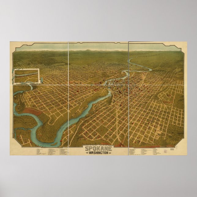 Spokane Washington 1905 Antique Panoramic Map Poster (Front)