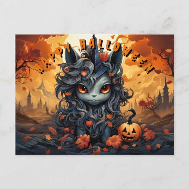 Spoky Halloween Unicorn With Fluffy Mane Holiday Postcard (Front)