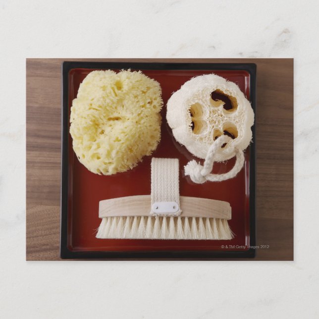 Sponge, loofah, brush on red tray postcard (Front)