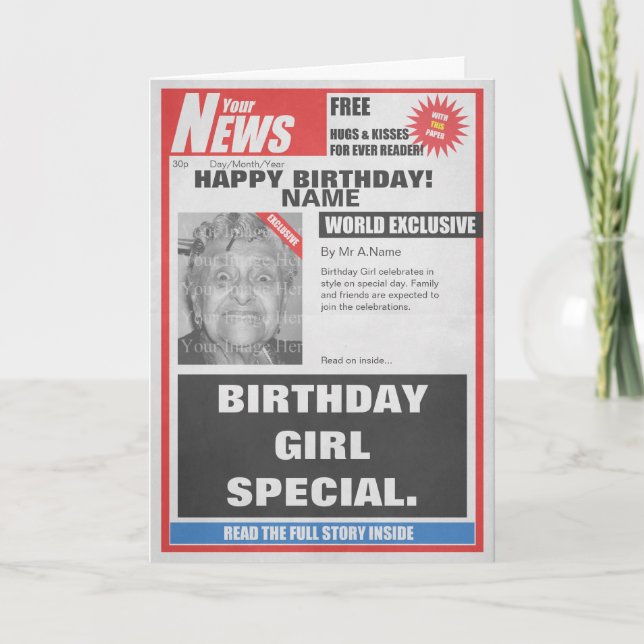 Spoof Newspaper Photo Upload Birthday Card (Front)