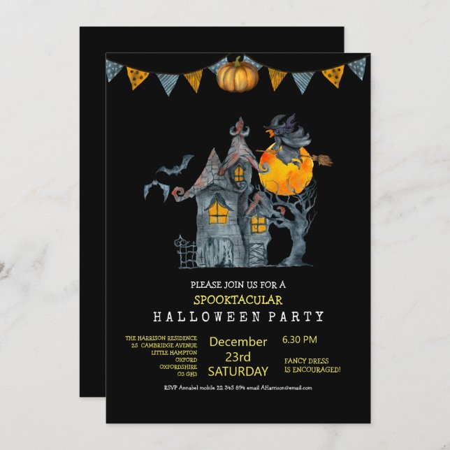Spookily cute  water colour family Halloween party Invitation (Front/Back)