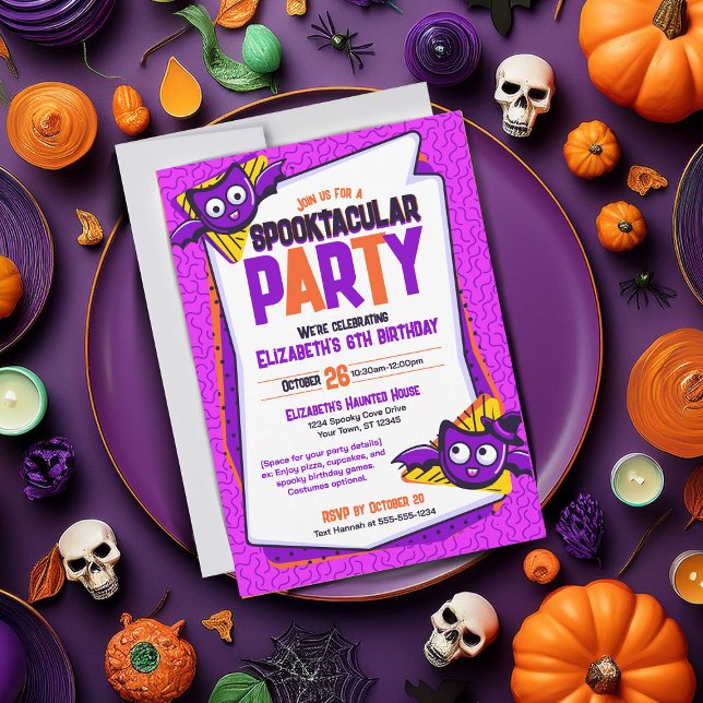 Spooktacular Bats Birthday Invitation (Spooky invite perfect for Halloween parties or birthdays. Purple invite featuring bat characters)