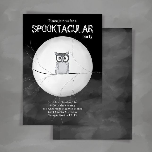 Spooktacular Black and White Halloween Party Invitation (Halloween Spooktacular party invitation with spooky owl)