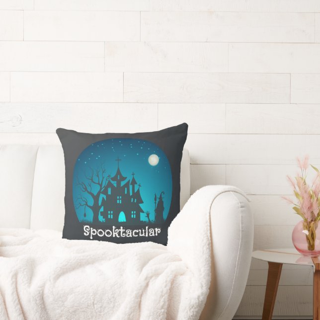 Spooktacular Blue and Black Haunted House Cushion (Couch)