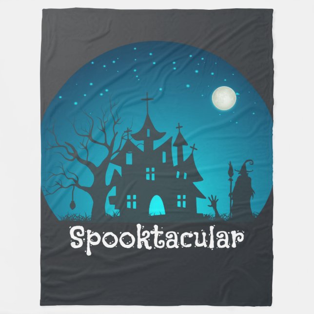 Spooktacular Blue and Black Haunted House Fleece Blanket (Front)