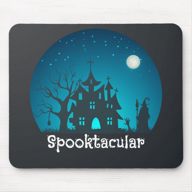 Spooktacular Blue and Black Haunted House Mouse Pad (Front)