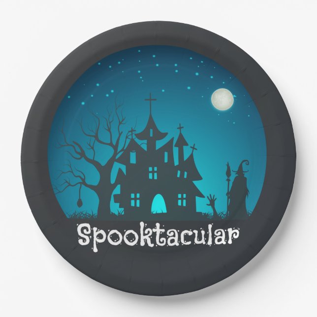 Spooktacular Blue and Black Haunted House Paper Plate (Front)