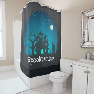 Spooktacular Blue and Black Haunted House Shower Curtain