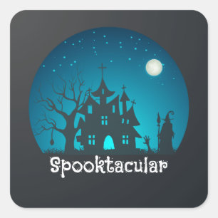 Spooktacular Blue and Black Haunted House Square Sticker