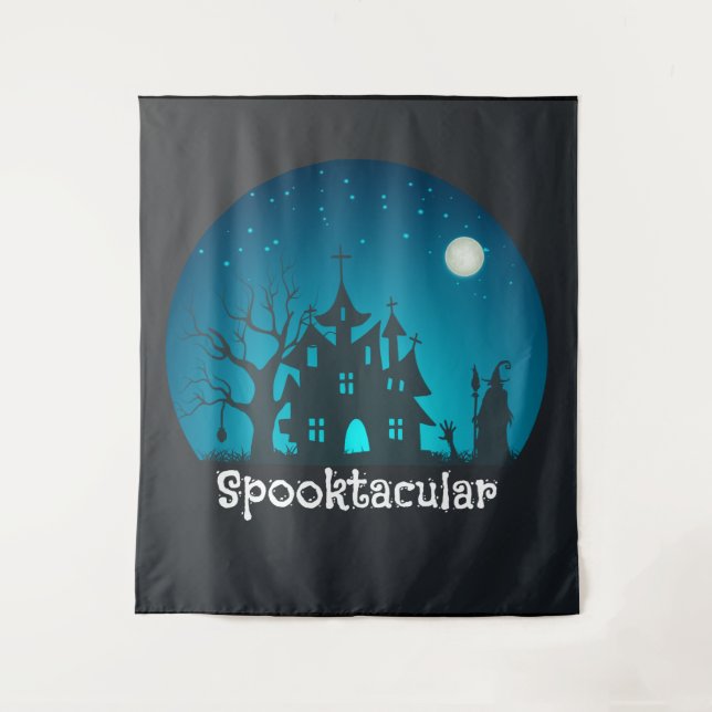 Spooktacular Blue and Black Haunted House Tapestry (Front)