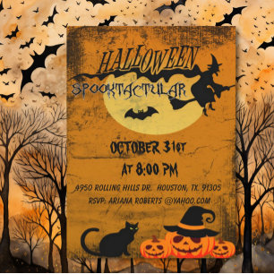 Spooktacular Cat and Witch Halloween Party  Invitation