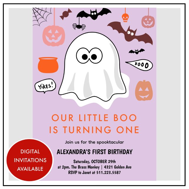 Spooktacular Cute Ghost Halloween 1st birthday Invitation (Halloween-1st-birthday-Invitation-Spooktacular-Cute-Ghost-pink-1)