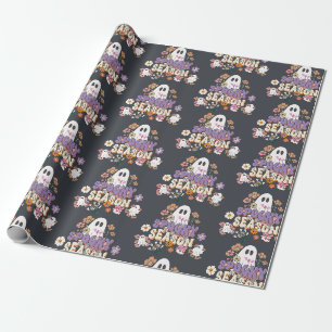 Spooktacular Cute Ghosts and Flowers Groovy Black Wrapping Paper
