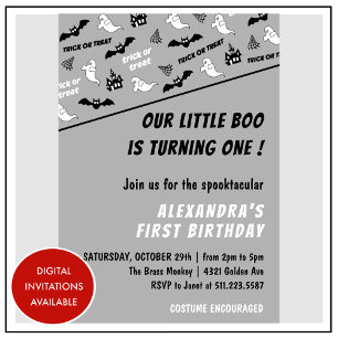 Spooktacular Ghost Grey Halloween 1st birthday Invitation