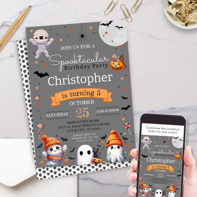 Spooktacular Ghost Orange Halloween Birthday Party Invitation (Personalized Halloween Birthday Party Invitations for costume party, kids trick or treat party idea)