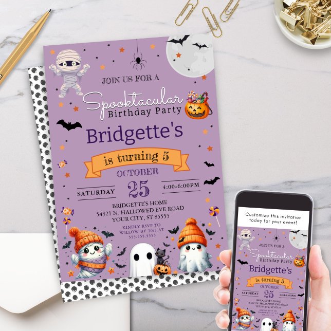 Spooktacular Ghost Purple Halloween Birthday Party Invitation (Cute purple spooktacular birthday party halloween kids party invitation for class or costume party)