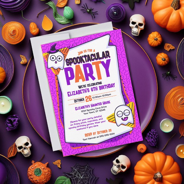 Spooktacular Ghosts Purple Birthday Invitation (Spooky invites perfect for cute Halloween parties and birthdays. Purple with ghost characters)