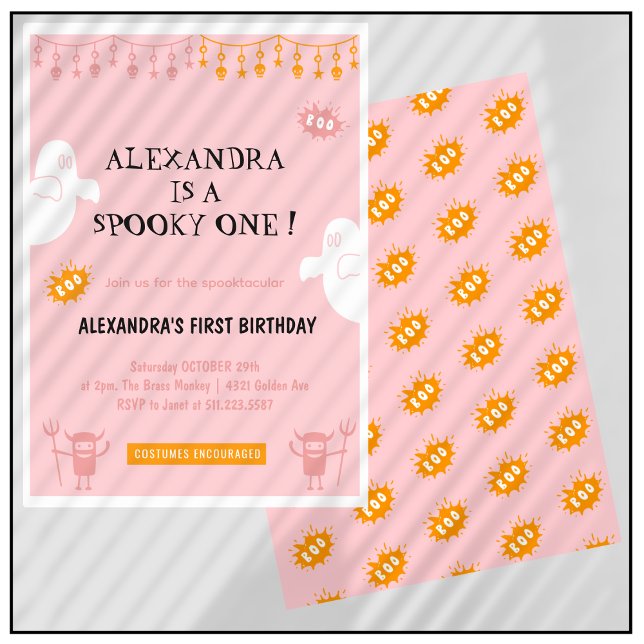 Spooktacular Halloween 1st birthday invitations  (Halloween-1st-birthday-invitations-Spooktacular-pink-1)