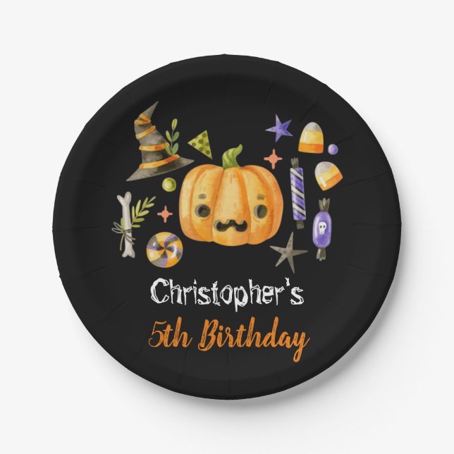 Spooktacular Halloween Kids Birthday Party Black Paper Plate (Front)