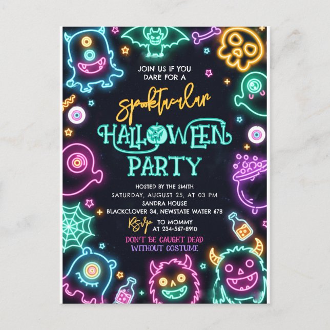 Spooktacular Neon Halloween Birthday Invitation Postcard (Front)
