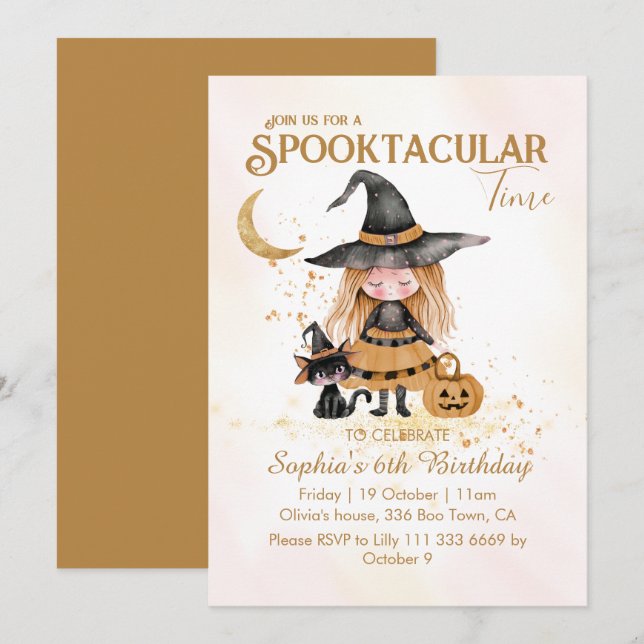 Spooktacular Time Halloween Witch Girl Birthday Invitation (Front/Back)