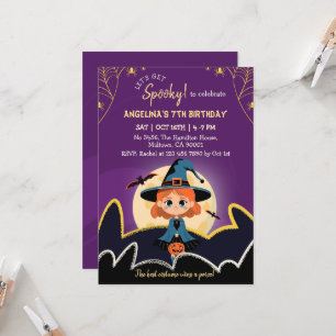 Spooktacular Witch Halloween 7th Birthday gold Invitation