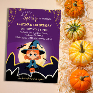 Spooktacular Witch Halloween 8th Birthday gold Invitation