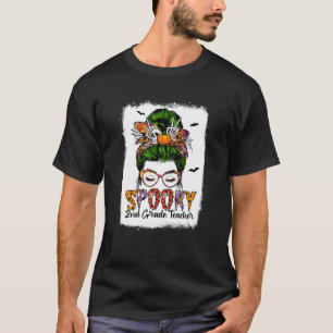 Spooky 2nd Grade Teacher Leopard Messy Bun Skull H T-Shirt