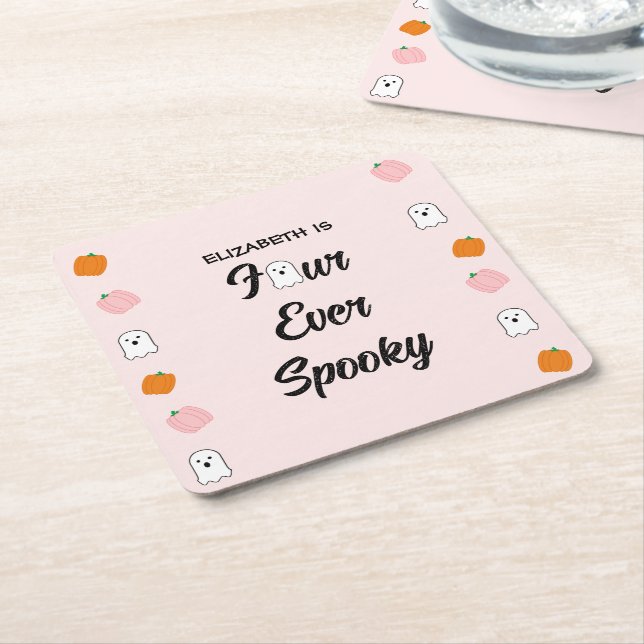 Spooky 4th Birthday Square Paper Coaster (Angled)