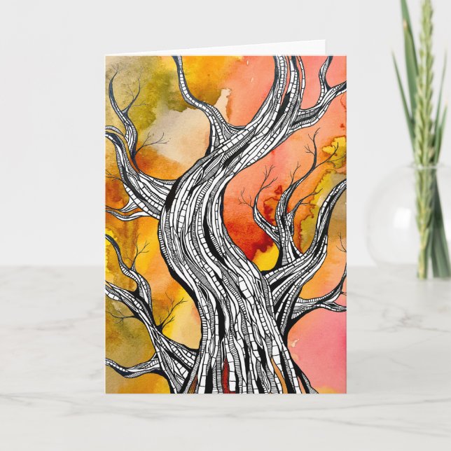 Spooky Abstract Tree Pen Drawing Art Greeting Card (Front)