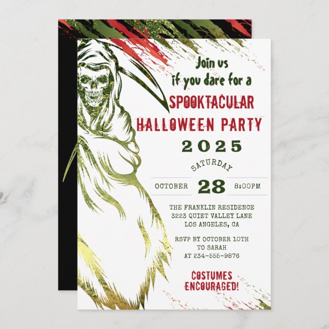 Spooky Adult Halloween Scary Skull Costume Party Invitation (Front/Back)