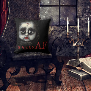 Spooky AF Creepy Goth Doll Face Halloween Cushion