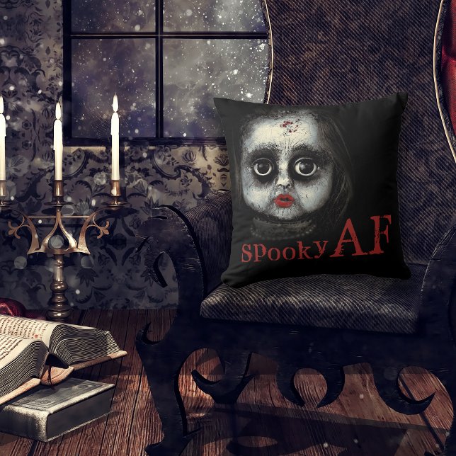 Spooky AF Creepy Goth Doll Face Halloween Cushion (A fun addition to your Halloween decor to spook your guests.
)