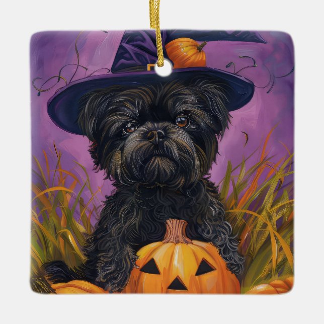Spooky Affenpinscher Halloween Witch and Pumpkin Ceramic Ornament (Front)