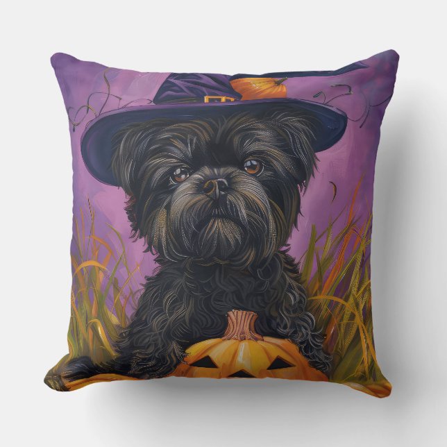 Spooky Affenpinscher Halloween Witch and Pumpkin Cushion (Front)
