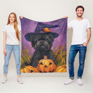 Spooky Affenpinscher Halloween Witch and Pumpkin Fleece Blanket