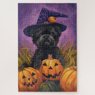 Spooky Affenpinscher Halloween Witch and Pumpkin Jigsaw Puzzle