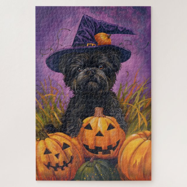 Spooky Affenpinscher Halloween Witch and Pumpkin Jigsaw Puzzle (Vertical)