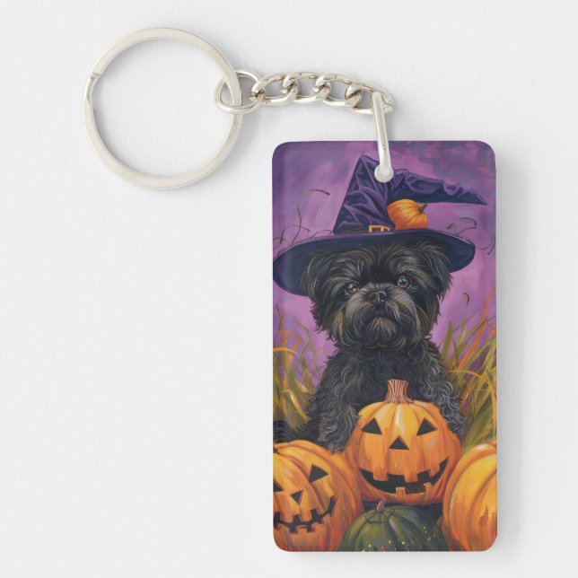 Spooky Affenpinscher Halloween Witch and Pumpkin Key Ring (Front)