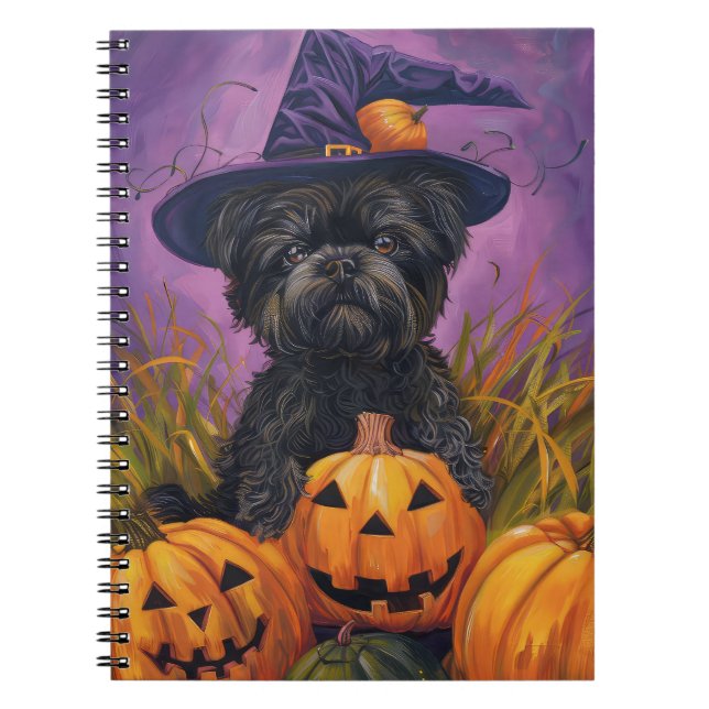 Spooky Affenpinscher Halloween Witch and Pumpkin Notebook (Front)