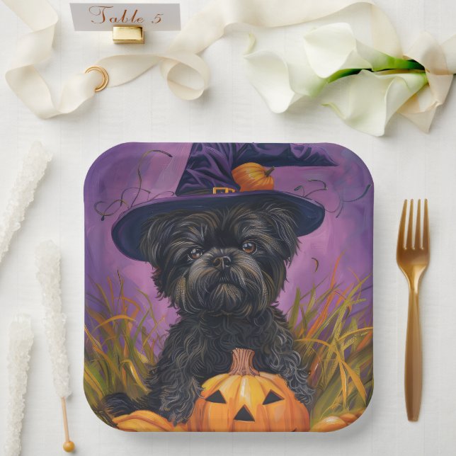 Spooky Affenpinscher Halloween Witch and Pumpkin Paper Plate (Wedding)