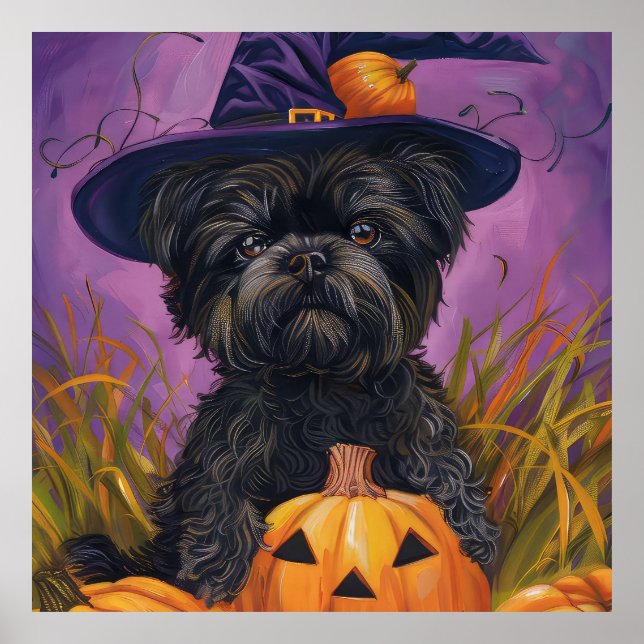 Spooky Affenpinscher Halloween Witch and Pumpkin Poster (Front)