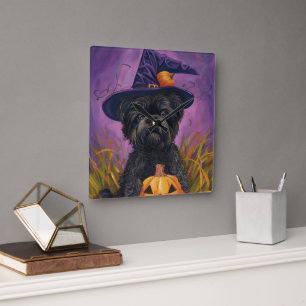 Spooky Affenpinscher Halloween Witch and Pumpkin Square Wall Clock