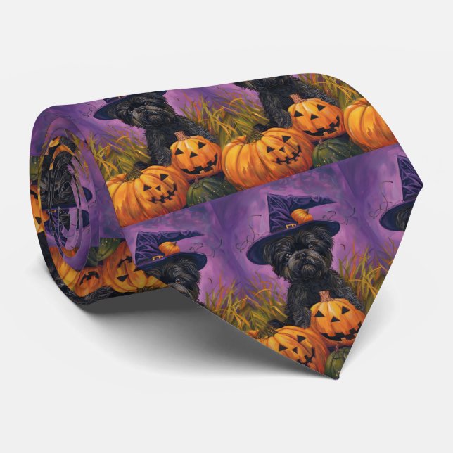 Spooky Affenpinscher Halloween Witch and Pumpkin Tie (Rolled)